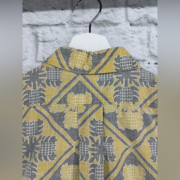 Reyn Spooner Kloth Hawaiian Aloha Quilt Geometric Popover Shirt XXL Yellow Grey - Picture 6 of 13